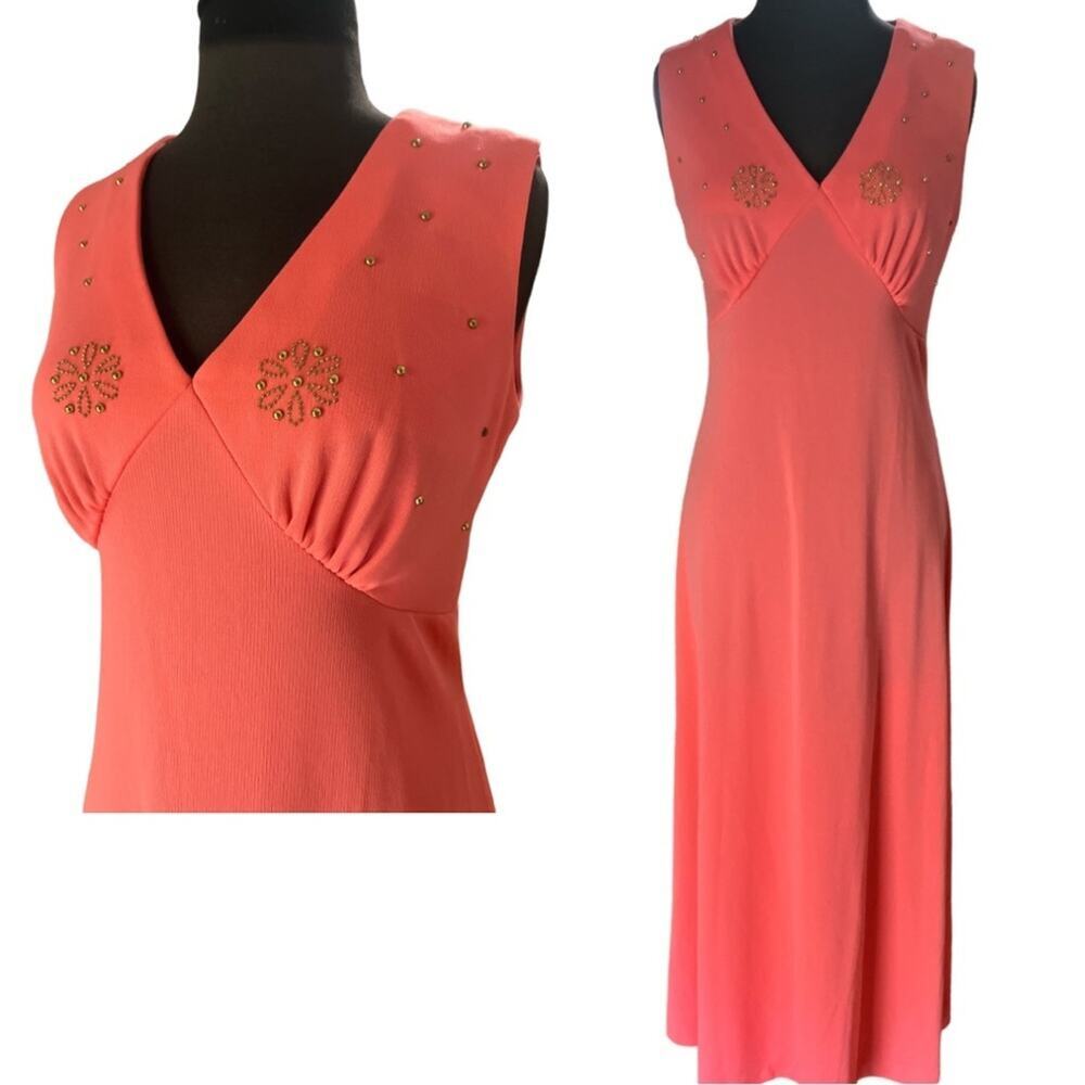 Vtg Boho Glam Gold Floral Beading V Neck Feminine Maxi Stretch Dress